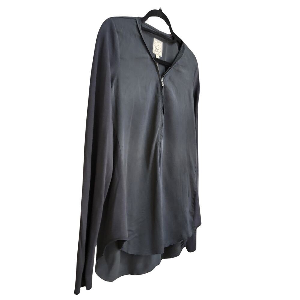 GO BY GO SILK Black Satin-Look V-Neck Zip Blouse